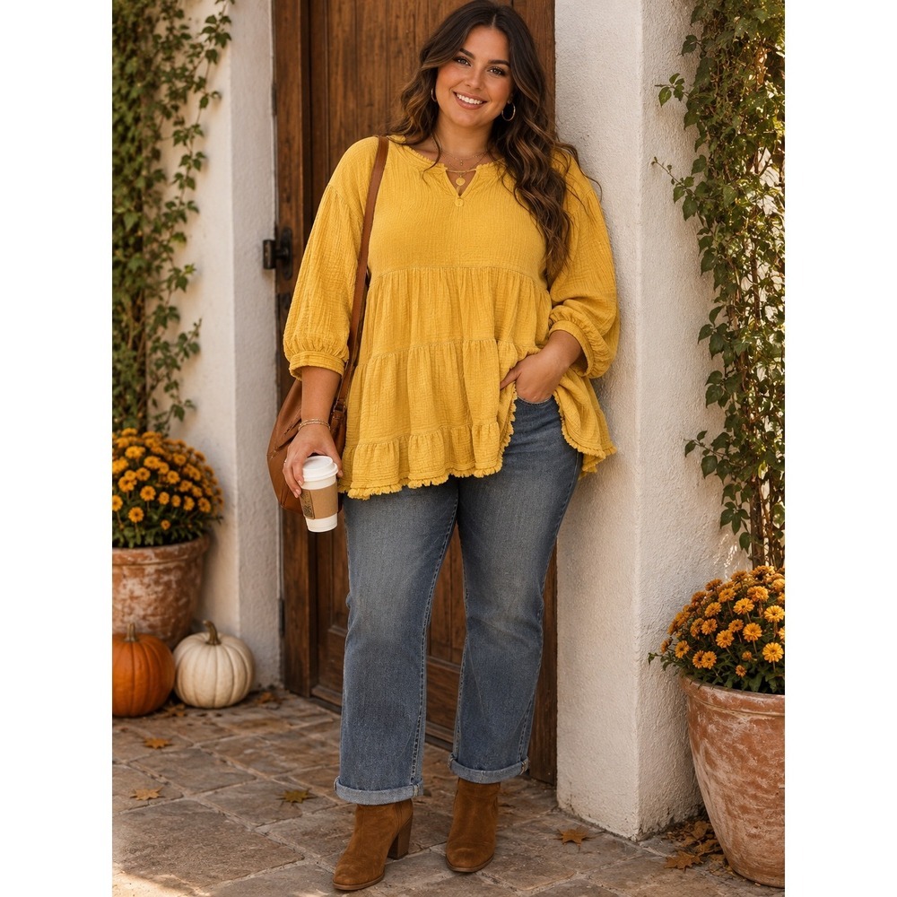 Oddi Mustard Yellow Cotton Gauze Tiered Tunic Top Boho Puff Sleeve IT13807 L